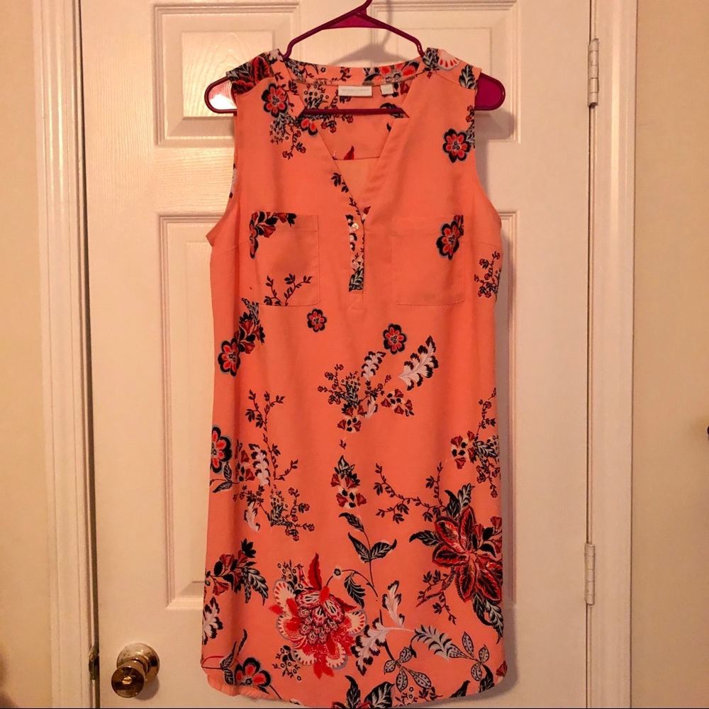 NY&Co. Stretch Coral/Floral Sleeveless Dress